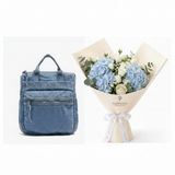 Parfois blue denim washed backpack with Flowrista blue hydrangea and white roses bouquet