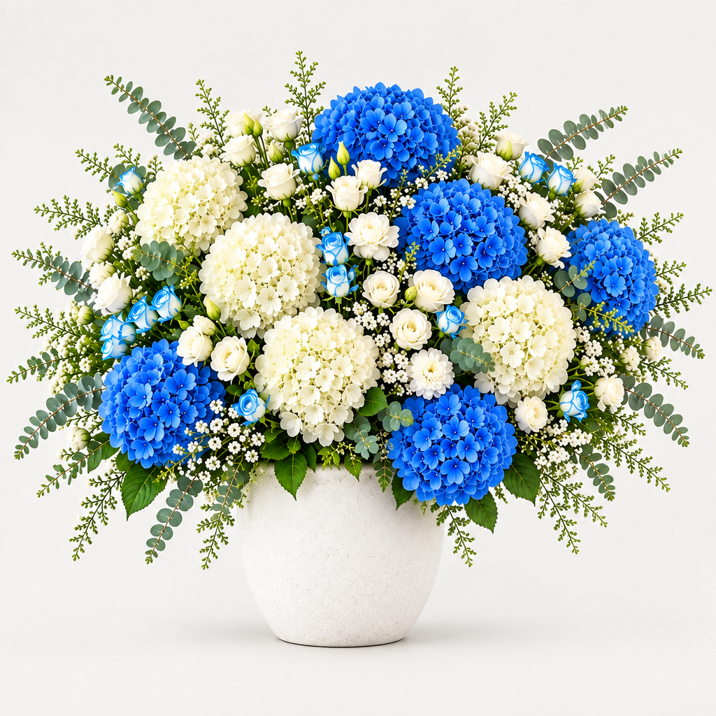Flowrista blue and white hydrangea flower arrangement in a white vase