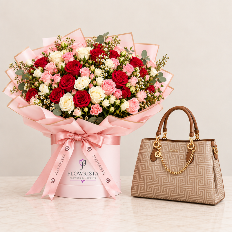 ALDO Baeli brown satchel beside a Flowrista mixed red pink and ivory roses flower box