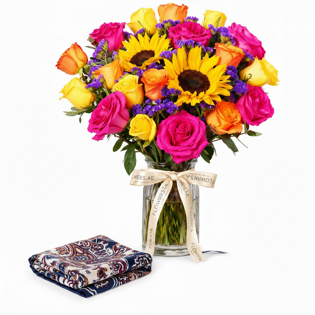 Mango navy paisley satin scarf with Flowrista sunflowers and mixed roses vase luxury gift set