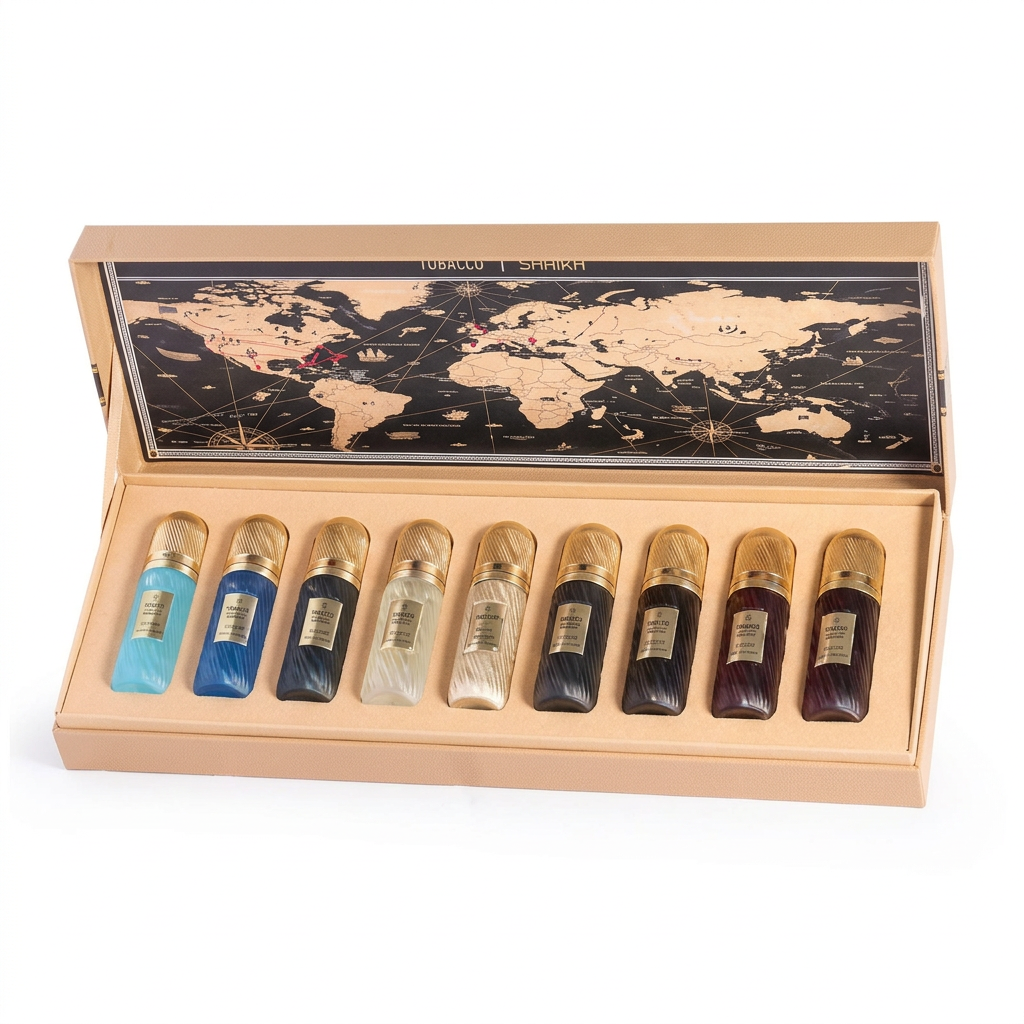 Tobacco Collection assorted perfume bottles in an open beige presentation case with world-map artwork
