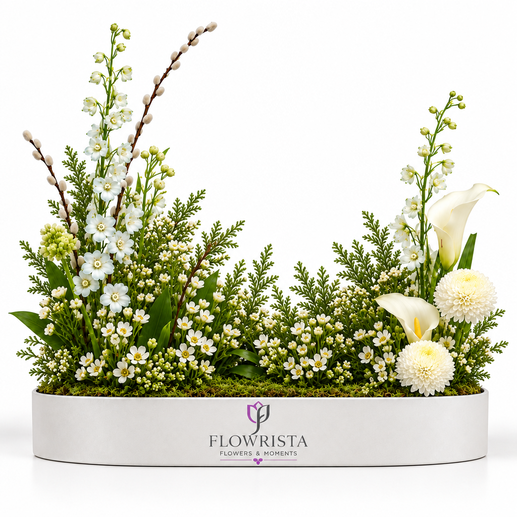 Artificial white calla lilies, rounded white flowers, small blossoms and pussy willow in a white Flowrista planter