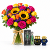 Fakher perfume, Mamoul Ashiq Al.Oud and Omani Bakhour with a Flowrista sunflower and rose vase on a white background