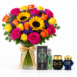 Fakher perfume, Mamoul Ashiq Al.Oud and Omani Bakhour with a Flowrista sunflower and rose vase on a white background