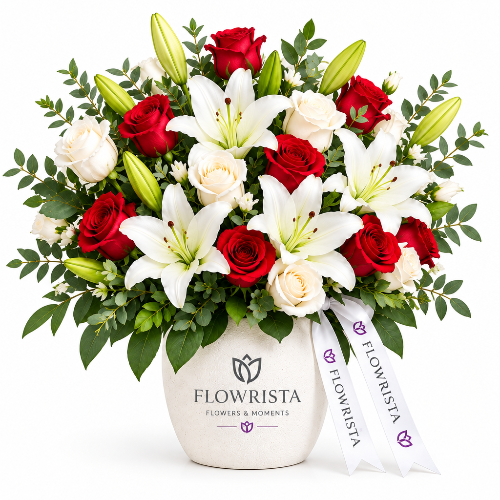 Flowrista white vase with red and white roses and white lilies