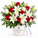 Flowrista white vase with red and white roses and white lilies