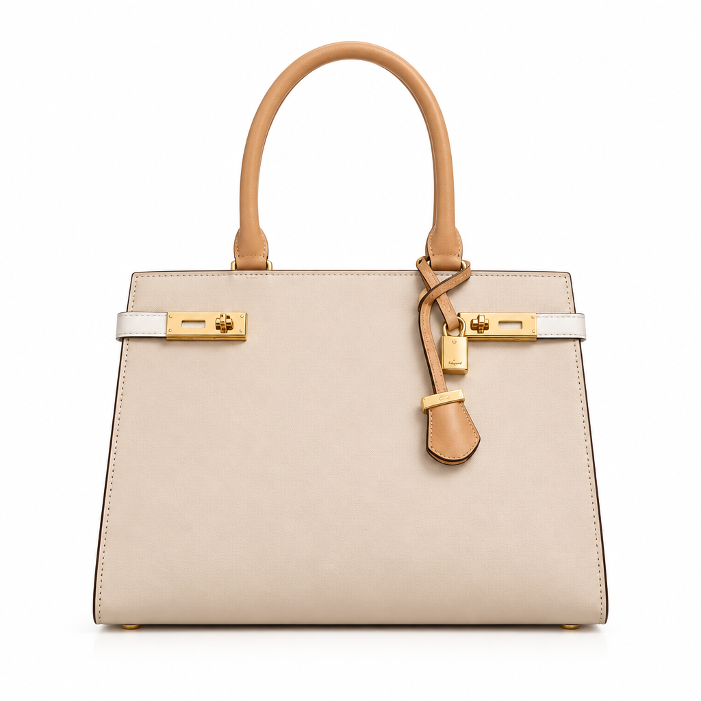Beige satchel bag with tan top handle, gold turn-locks and padlock charm