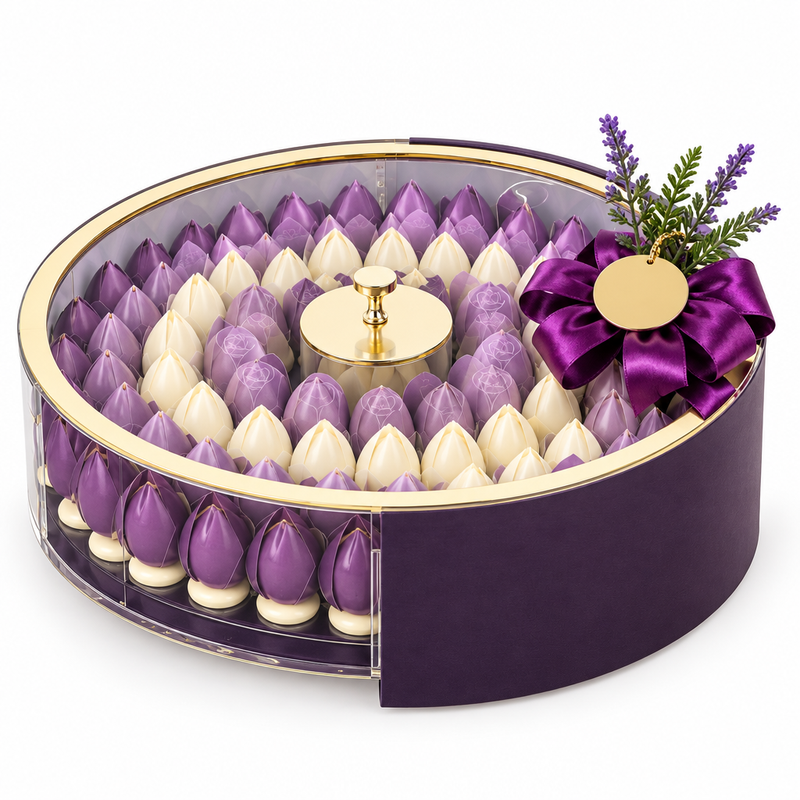 Giovanni luxury oval acrylic chocolate box with purple and white chocolates, gold rim and ribbon