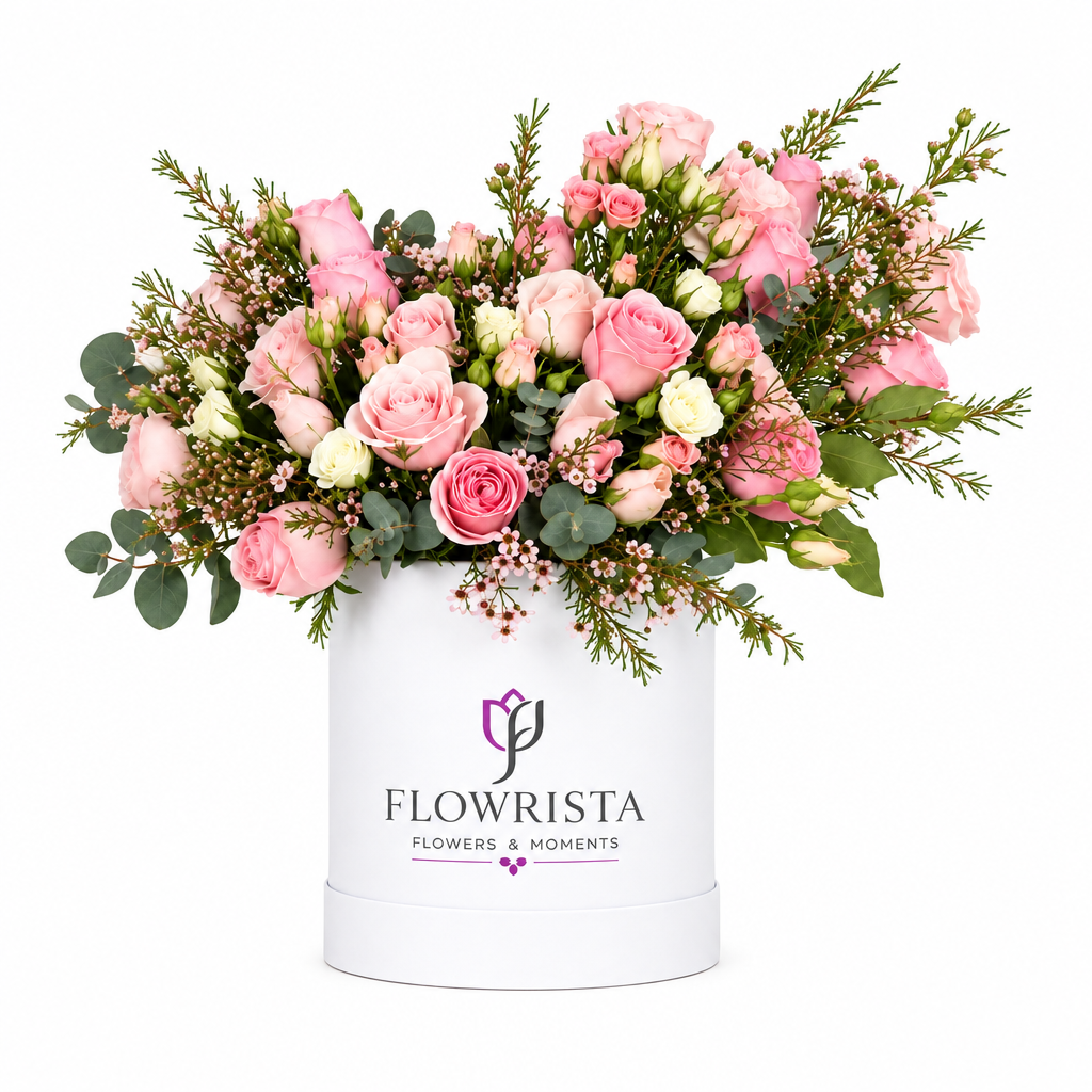 Pink and cream roses with eucalyptus and delicate filler flowers in a white Flowrista box