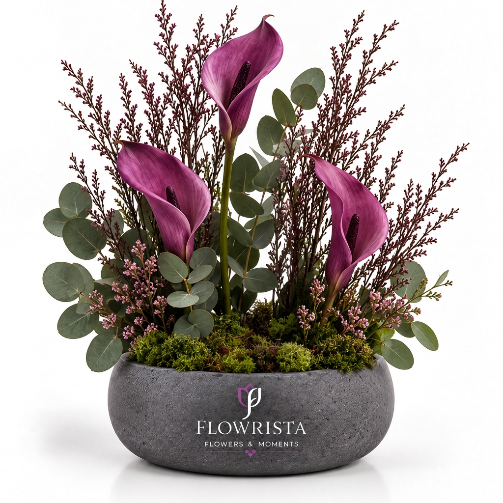 Artificial purple calla-style flowers with burgundy sprigs and eucalyptus-style greenery in a textured grey Flowrista bowl