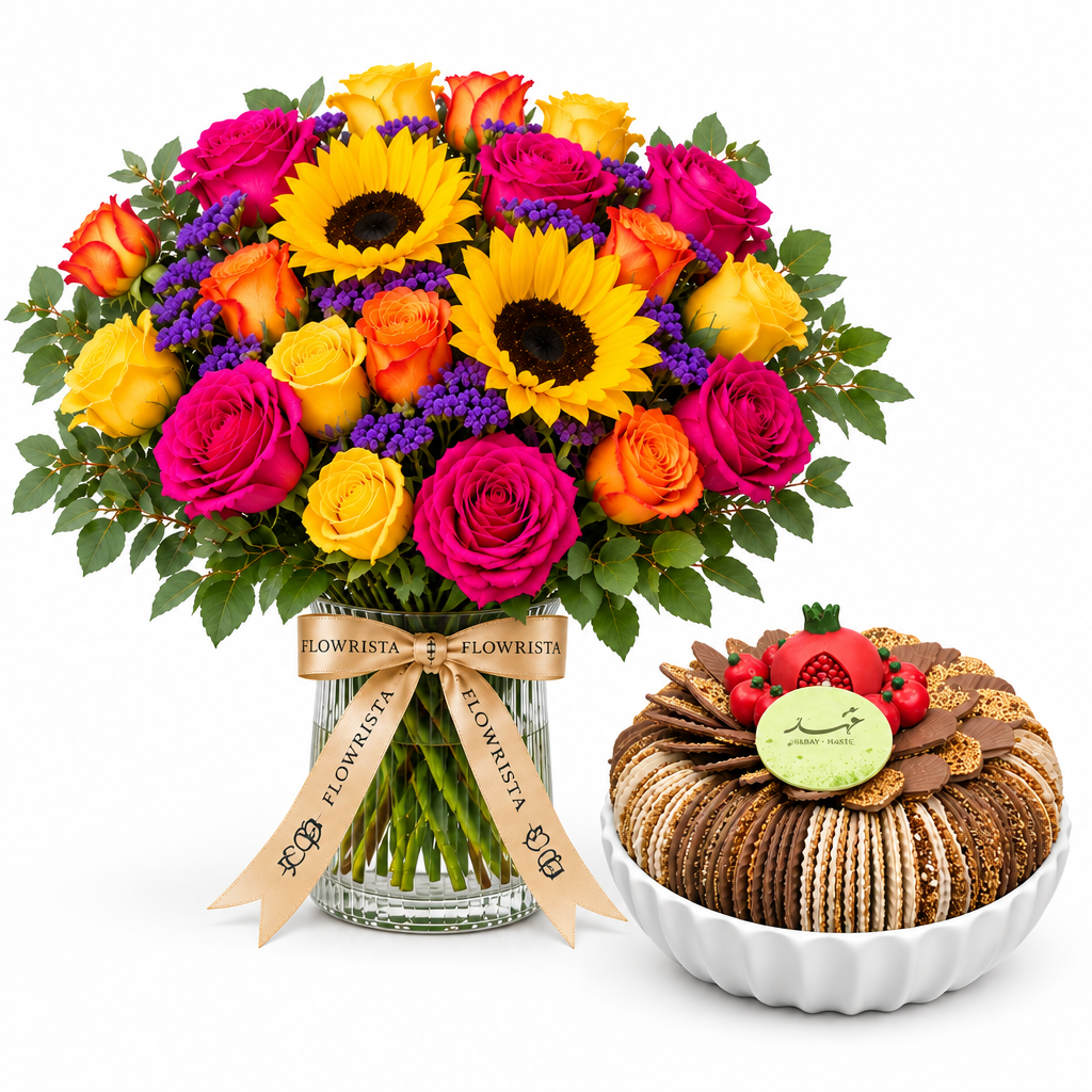 Caramelized sesame tray beside a Flowrista sunflower and colorful rose arrangement in glass vase