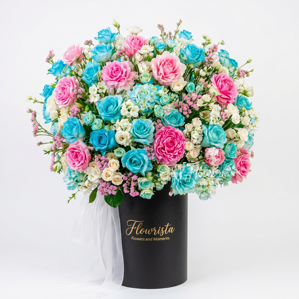 Blue and Blush arrangement of pink and blue roses, white hydrangeas and Matthiola in a tall Flowrista box