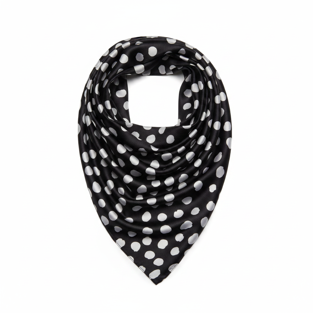 Mango black and white polka dot satin triangular scarf on white background