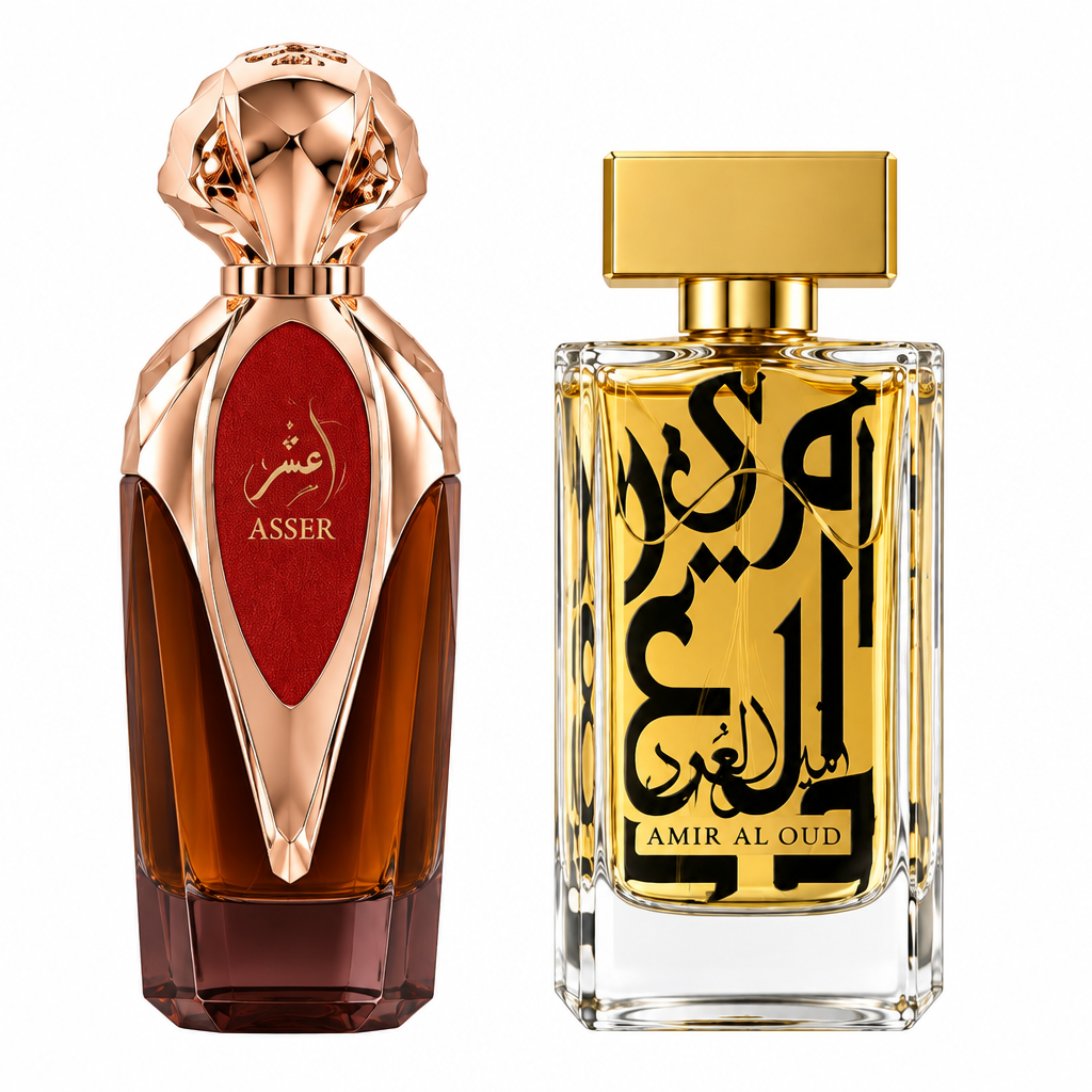 Asser perfume and Amir Al Oud Gold Eau de Parfum bottles