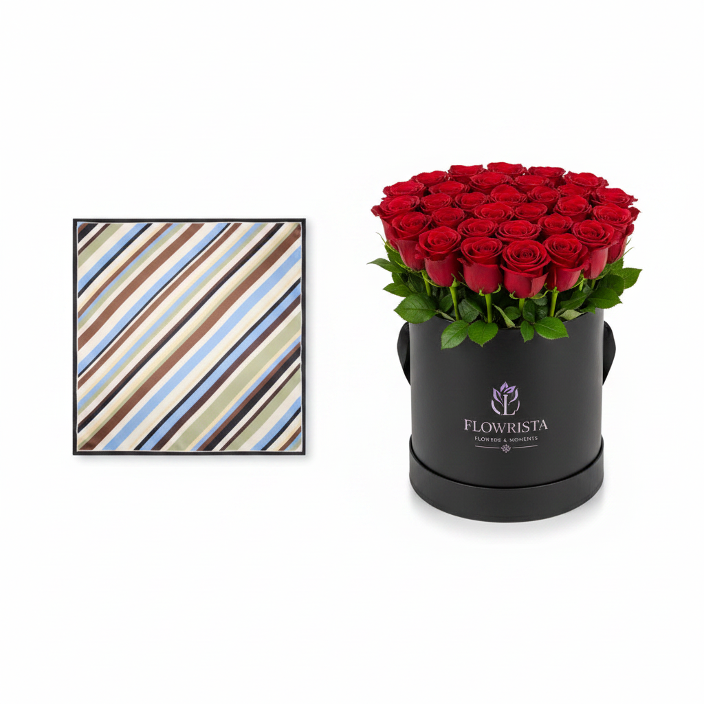 Mango green striped printed scarf with Flowrista grand red roses black box