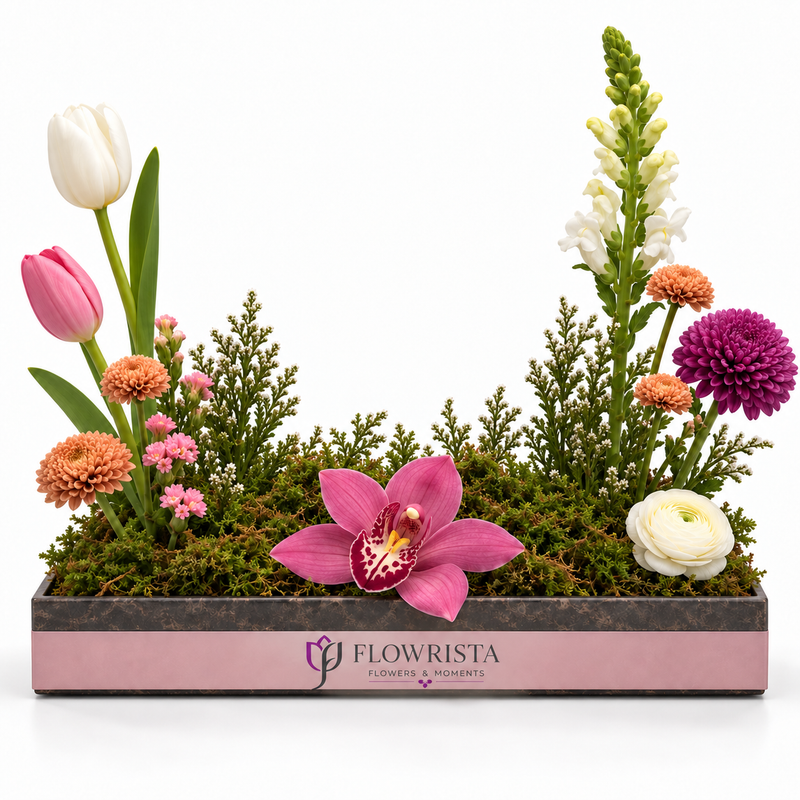 Flowrista spring garden arrangement with tulips, orchid, chrysanthemums and snapdragon in a marble-effect tray