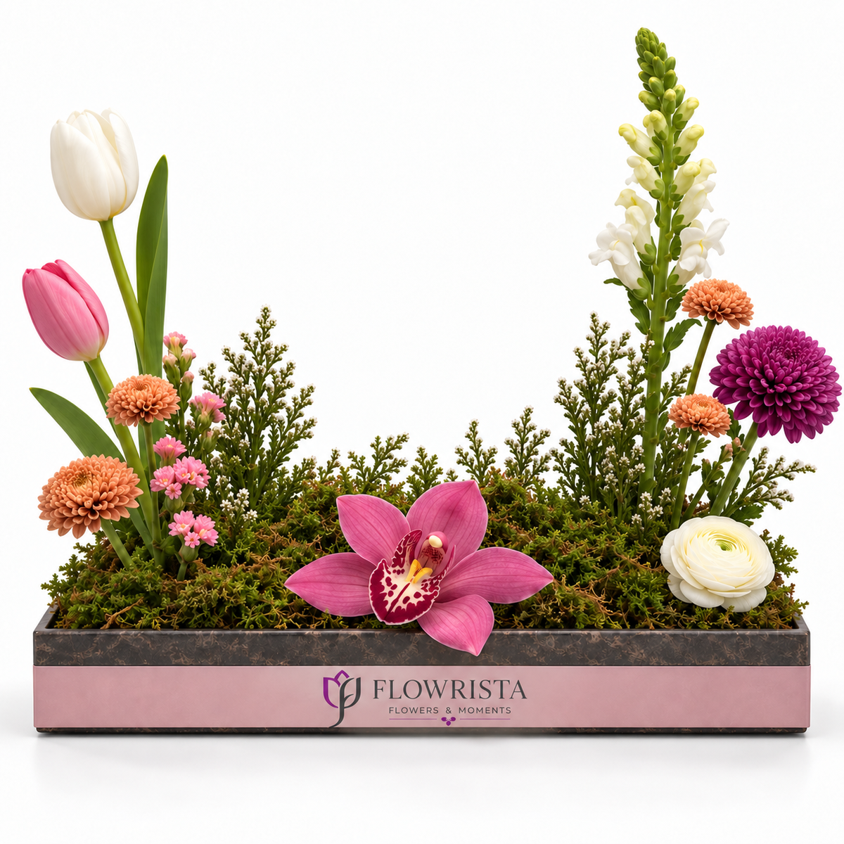 Flowrista spring garden arrangement with tulips, orchid, chrysanthemums and snapdragon in a marble-effect tray