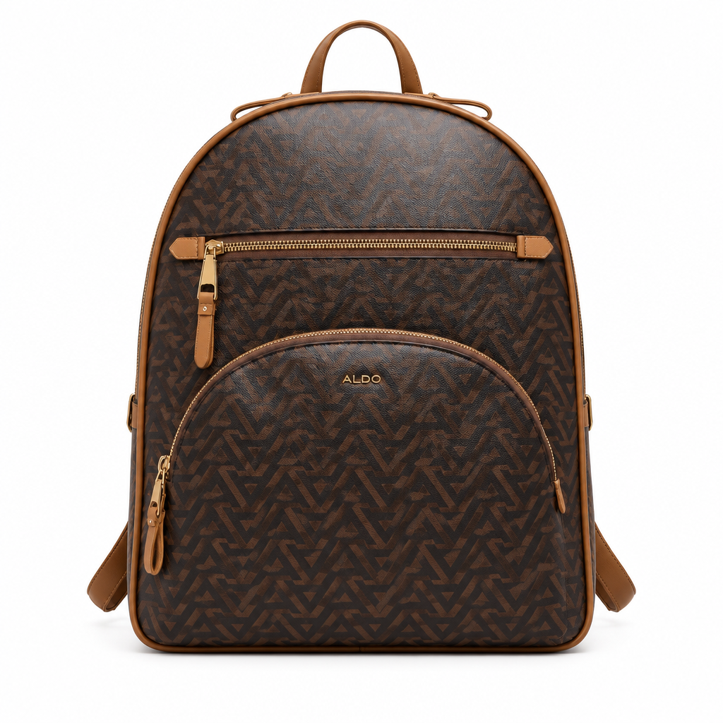 Dark brown ALDO MOROUCOS backpack with tan trim and front zip pocket