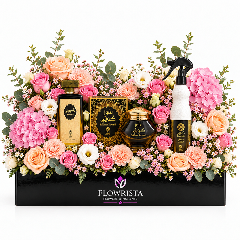 Kuwaiti perfume bakhoor and white air freshener with fresh pink hydrangeas and pastel roses in a black Flowrista planter