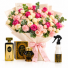 Kuwaiti perfume, Bakhour Kuwati and home spray beside a Flowrista pink and cream rose and carnation bouquet