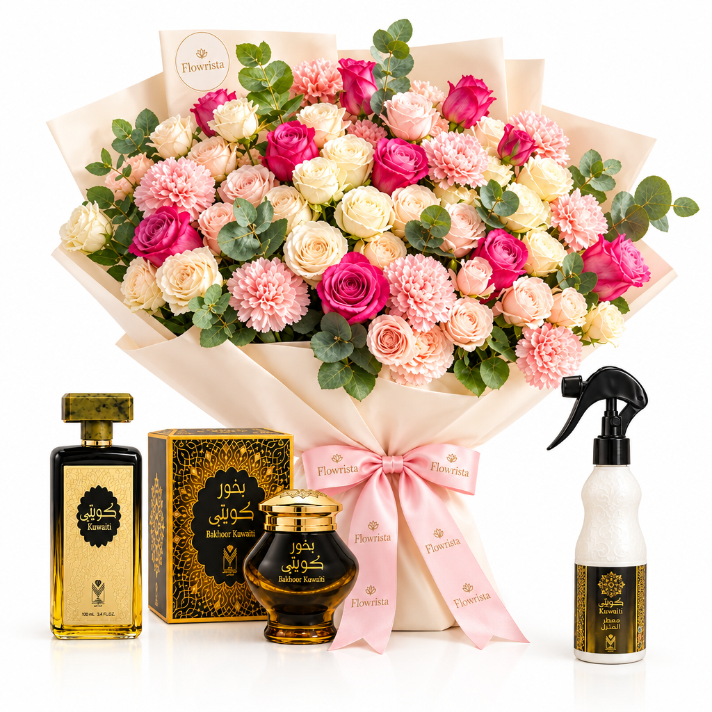 Kuwaiti perfume, Bakhour Kuwati and home spray beside a Flowrista pink and cream rose and carnation bouquet