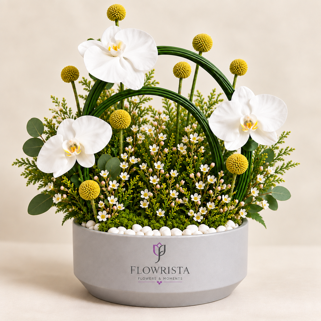Artificial white orchids and yellow ball flowers with green loops in a grey Flowrista pot