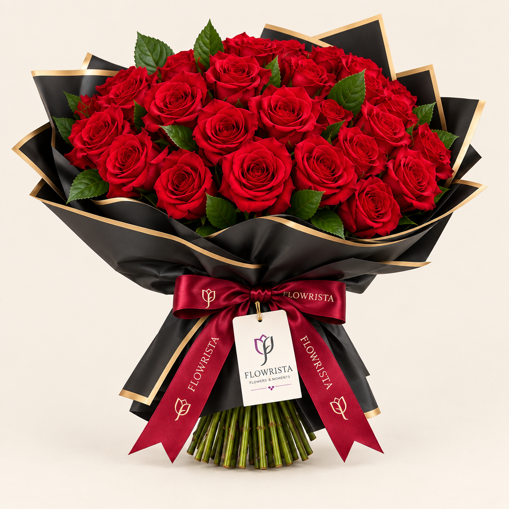 Flowrista red rose bouquet in black gold-edged wrapping with burgundy ribbon
