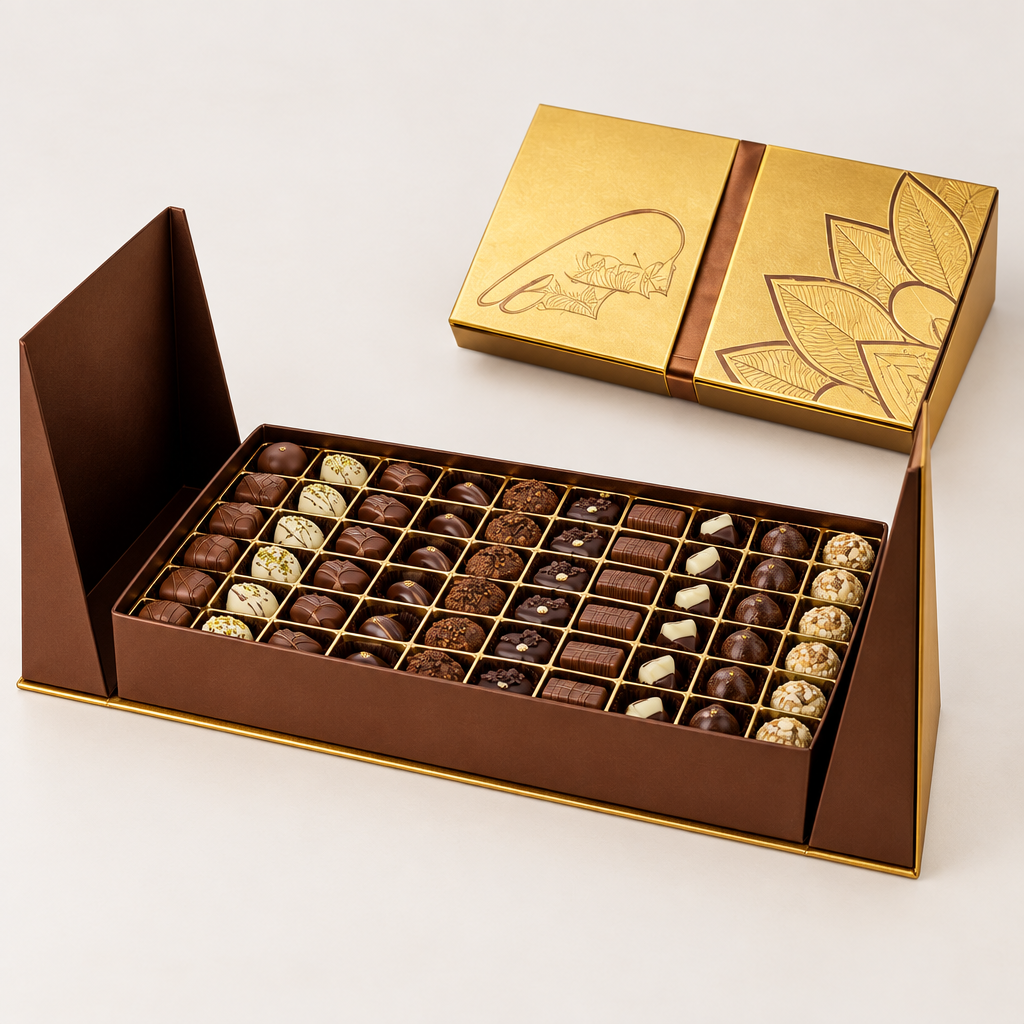 Le Chocolala assorted chocolates in a brown and gold luxury gift box