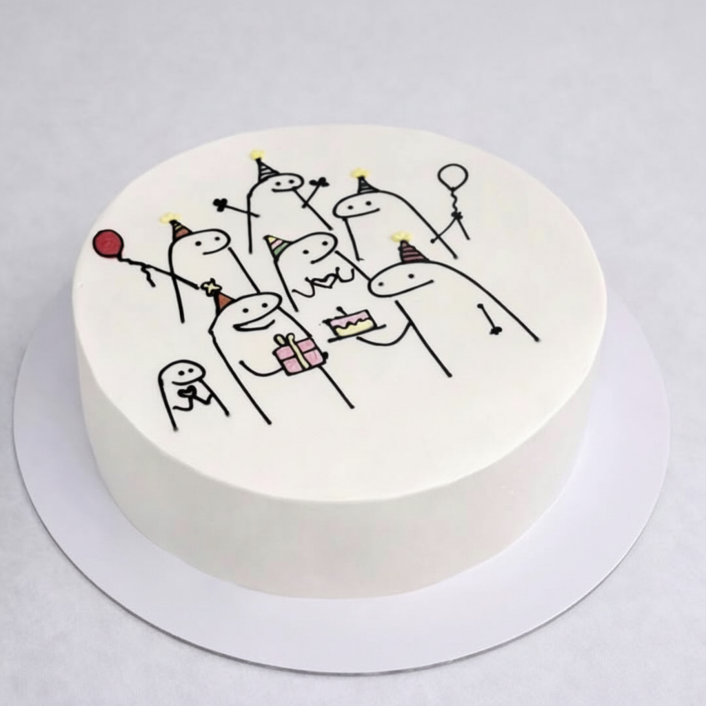 One-kilo Sugar Sweet white birthday cake with playful cartoon party characters