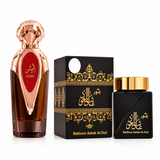 Asser 100ml perfume beside Ashek Al Oud Bakhoor black jar and matching box
