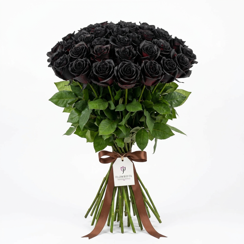 Black-sprayed rose bouquet with green foliage, long stems, brown ribbon and Flowrista gift tag