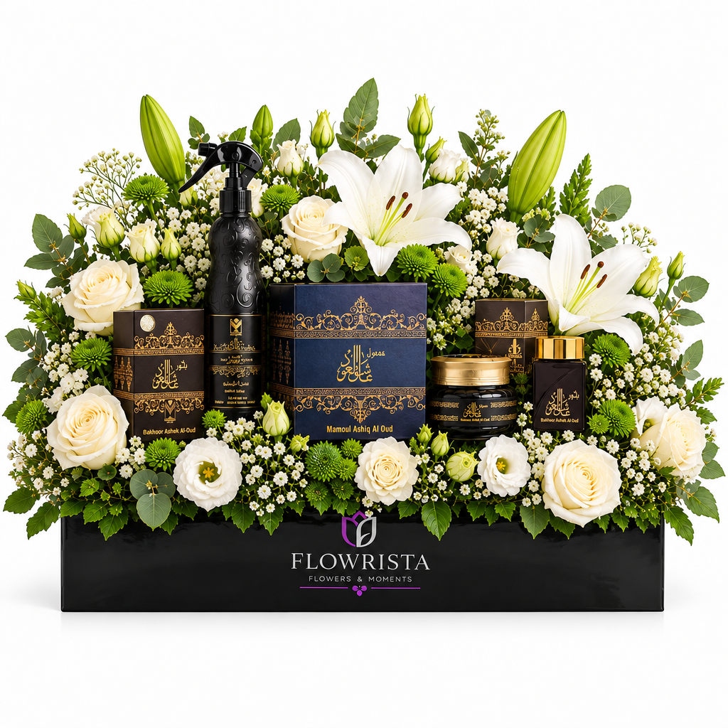 Ashiq Al Oud mamoul bakhoor and air freshener with fresh white lilies and roses in a black Flowrista planter