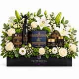 Ashiq Al Oud mamoul bakhoor and air freshener with fresh white lilies and roses in a black Flowrista planter