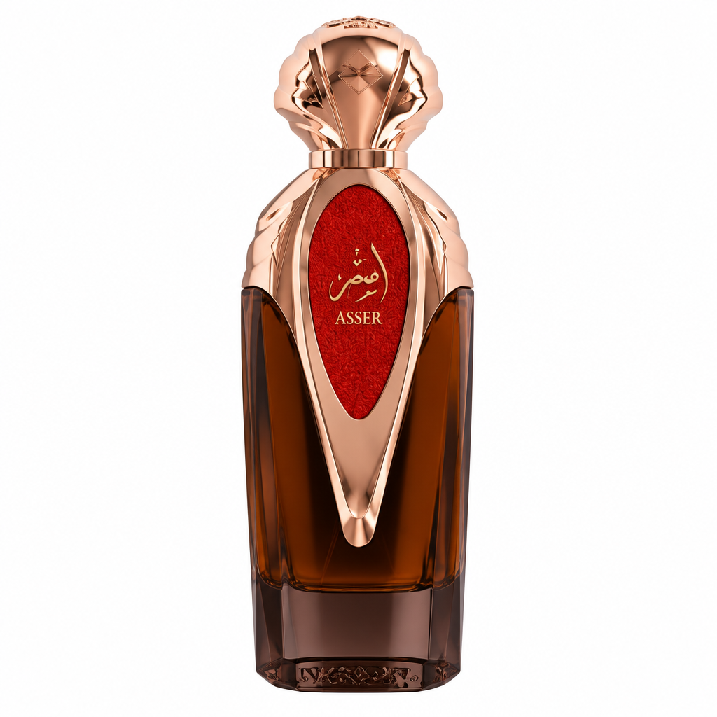 Asser 100ml perfume bottle with rose-gold sculptural cap and red label
