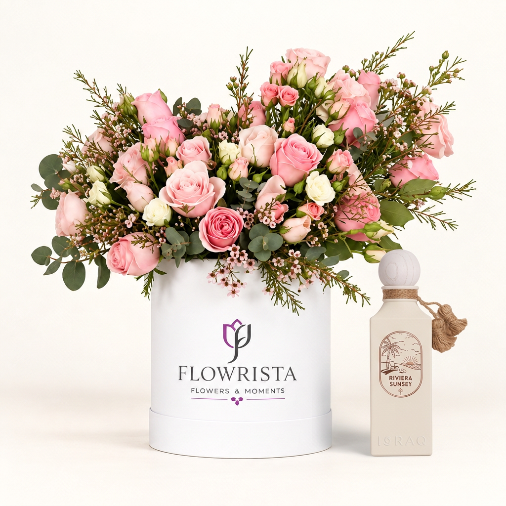 Riviera Sunset perfume beside a white Flowrista box of pink roses and white blooms