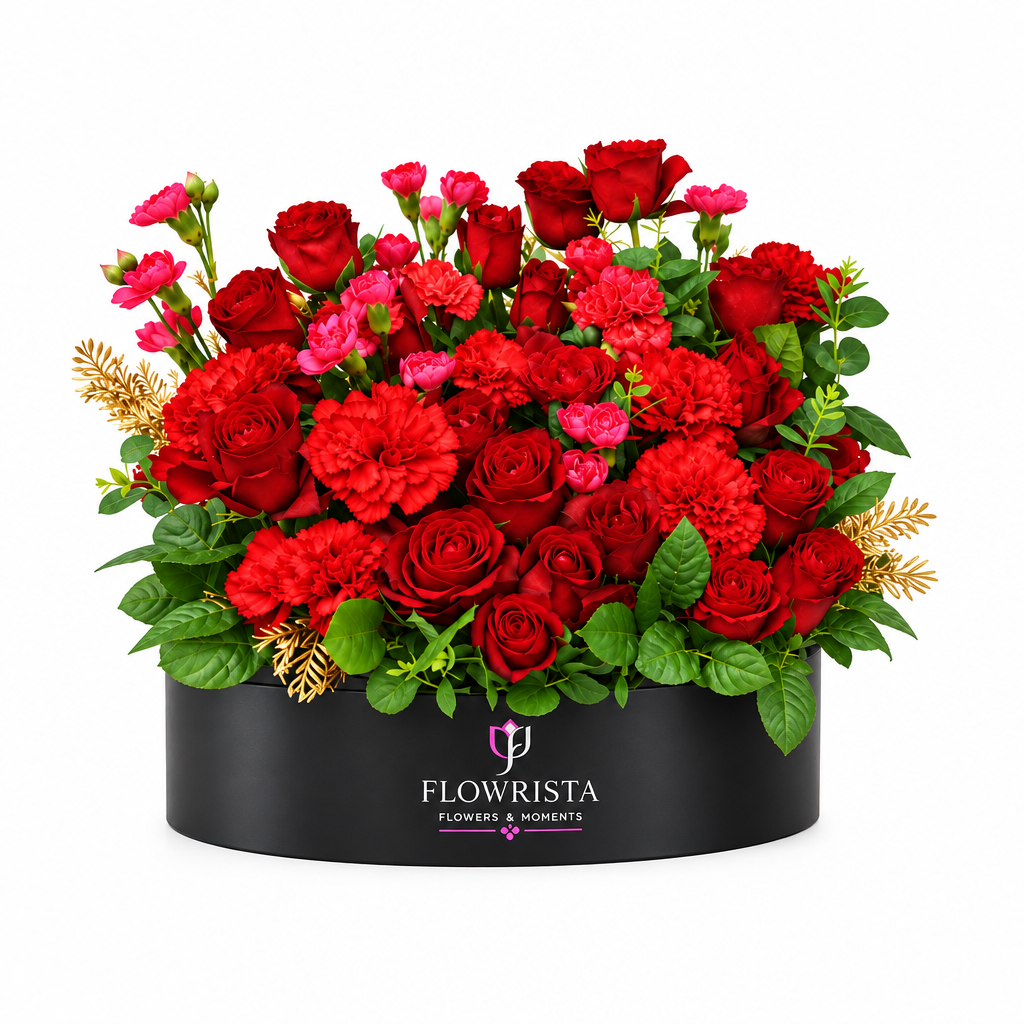 Red roses carnations and pink flowers with gold foliage in a black Flowrista flower box