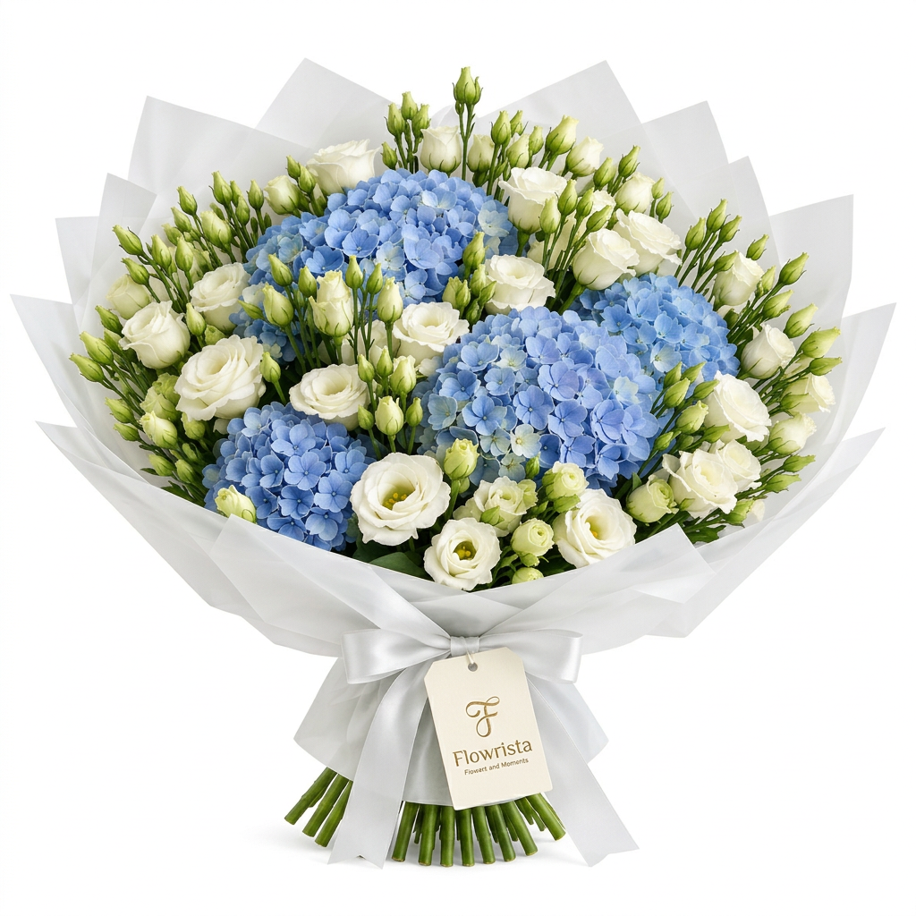 Blue hydrangeas and white lisianthus with green buds in white wrapping and a Flowrista gift tag