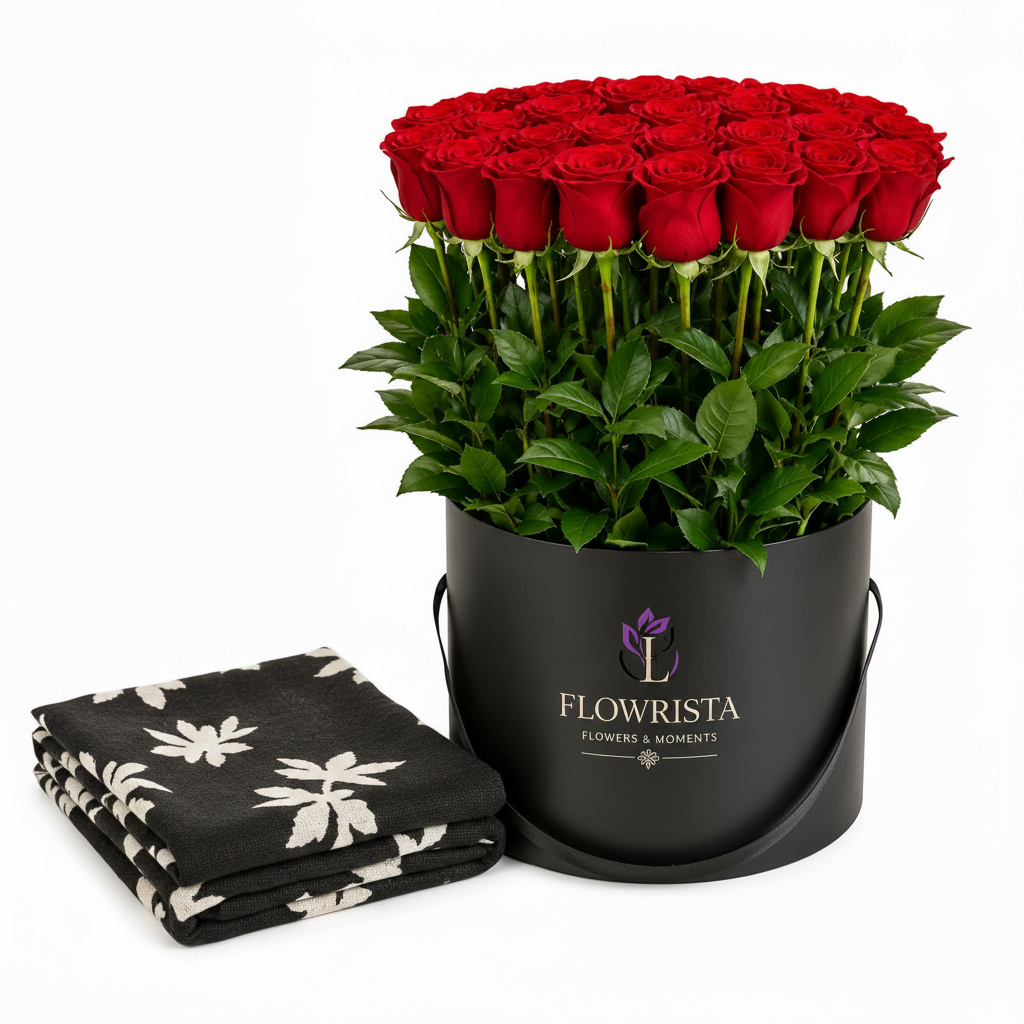 Mango black floral scarf with Flowrista 30 red roses black hat box luxury gift set