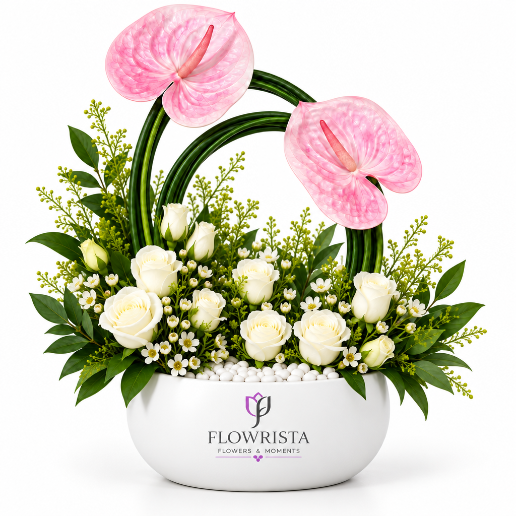 Artificial pink anthuriums and white roses with greenery in a rounded white Flowrista bowl