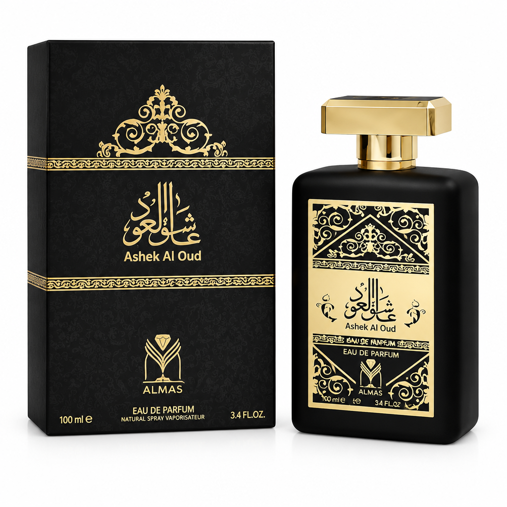 Ashek Al Oud Eau de Parfum by Almas black and gold bottle with matching box