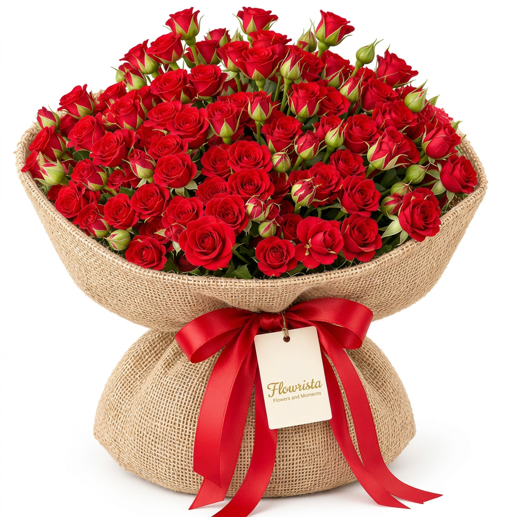 Red spray rose bouquet in natural burlap with a red satin bow and Flowrista gift tag