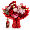 Asser perfume beside Flowrista red roses and pink mixed flowers in red wrapping