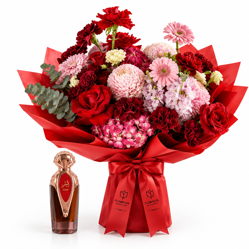Asser perfume beside Flowrista red roses and pink mixed flowers in red wrapping