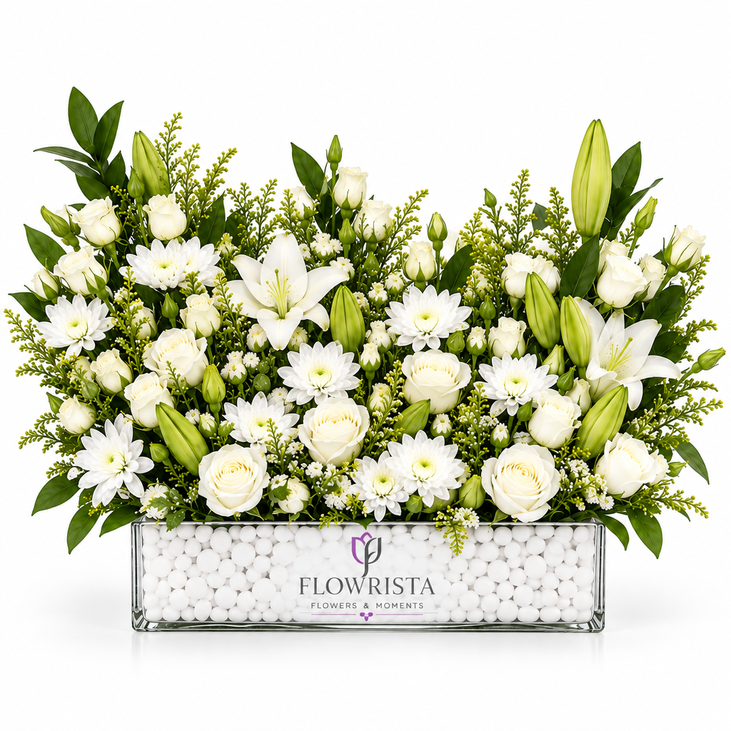 Fresh white roses and lilies with greenery in a rectangular Flowrista box with white decorative pebbles