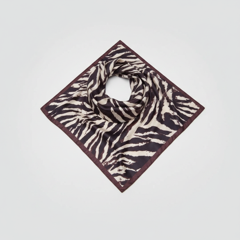 Mango chocolate brown and cream zebra animal print square satin scarf on white background