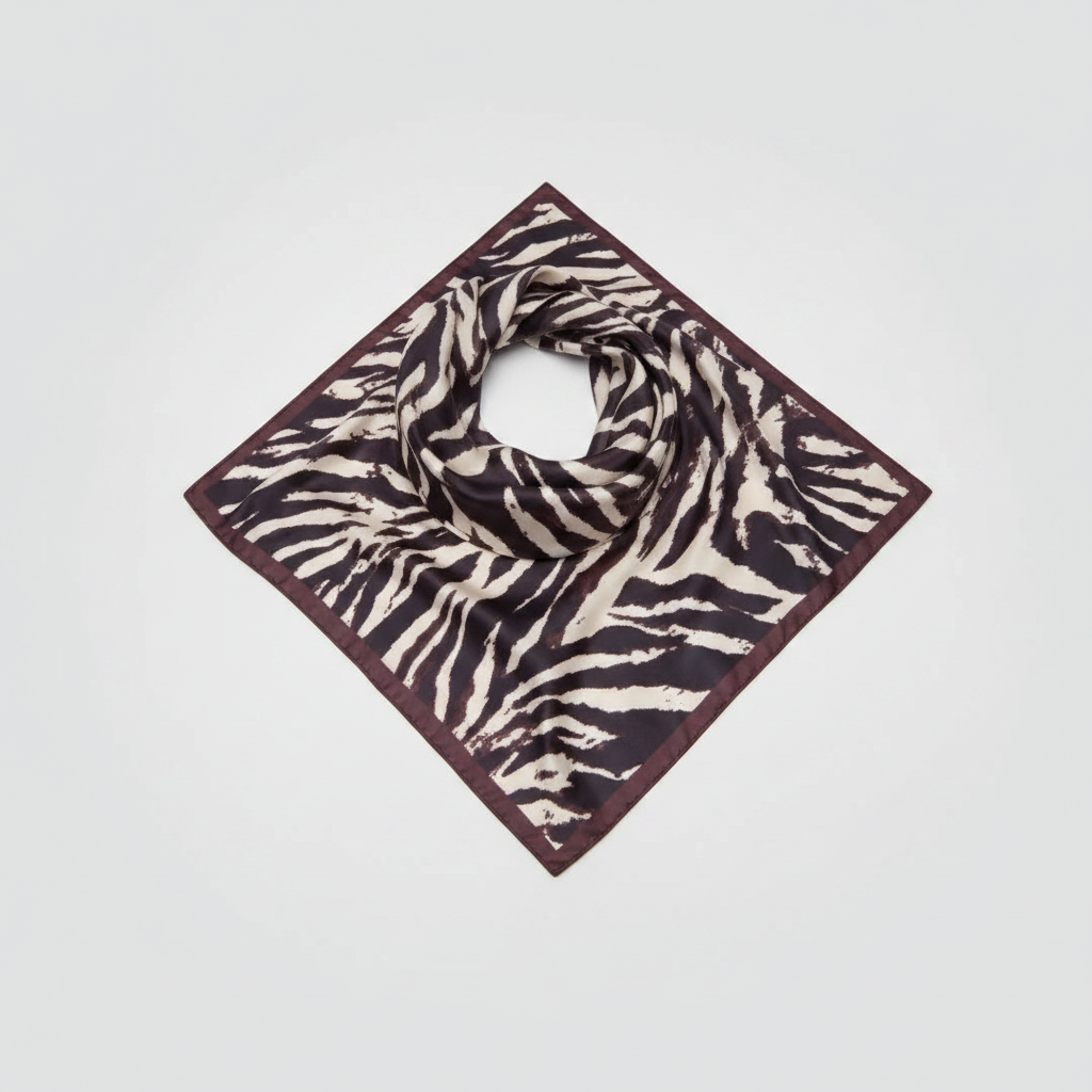 Mango chocolate brown and cream zebra animal print square satin scarf on white background