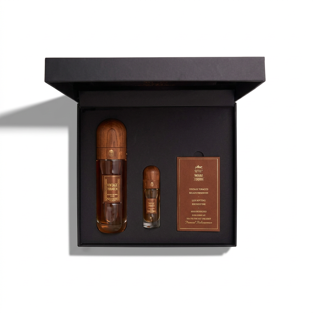 Open black Vintage Tobacco gift box with amber bottle, small vial and rectangular pack