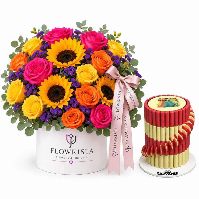 Giovanni red and gold chocolate pyramid beside Flowrista sunflower and mixed roses flower box