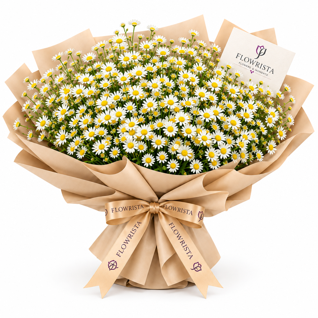 Large white daisy bouquet with yellow centers in tan wrap and Flowrista ribbon