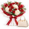 Flowrista red rose and hydrangea bouquet with ALDO Caraever tan satchel gift set